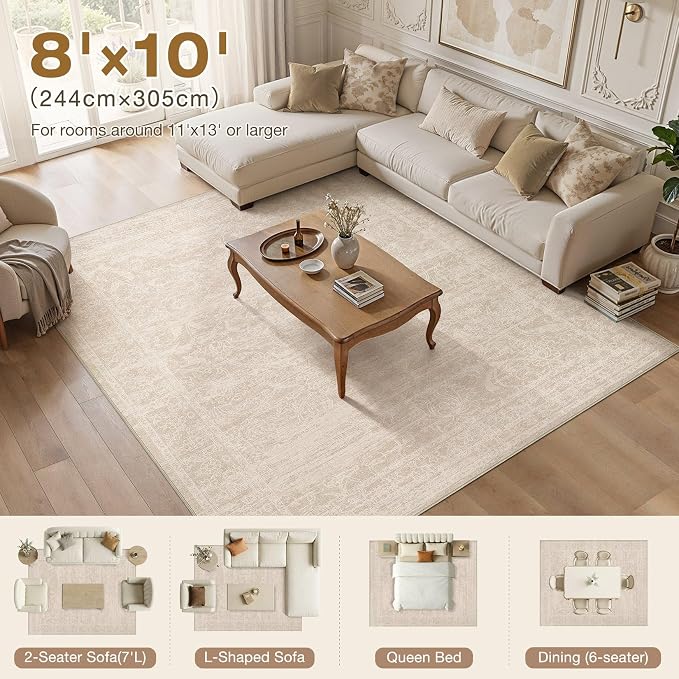 Nakagishi 8X10 Area Rugs Living Room:Washable Large Vintage Rug Neutral Non-Slip Soft Stain Resistant Indoor Carpet for Bedroom Nursery Dining Room Office Playroom