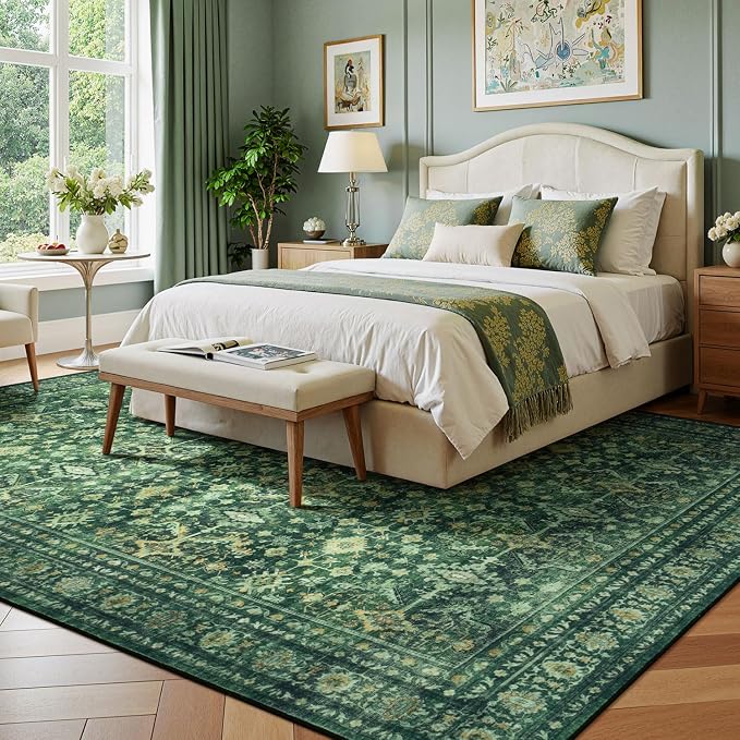 Lessymo 5x7 Washable Area Rug with Non Slip Backing,Soft Boho Indoor Carpets for Living Room Bedroom Nursery, Kid and Pet Friendly, Green