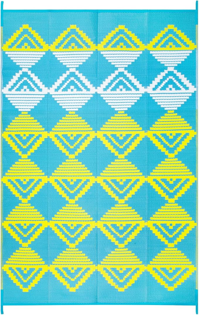 Beeiva Waterproof Outdoor Rug 6x9 for Camping, Balcony & RV, Reversible Plastic Straw Outdoor Mat Blue Yellow