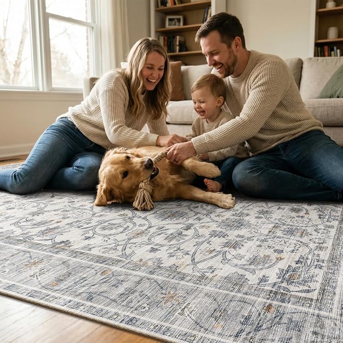 Machine Washable Rugs for Living Room: 4x4 Area Rugs for Bedroom Ultra Soft Non-Slip Low Pile Vintage Boho Large Carpet for High-Traffic Dining Room - Farmhouse Decor