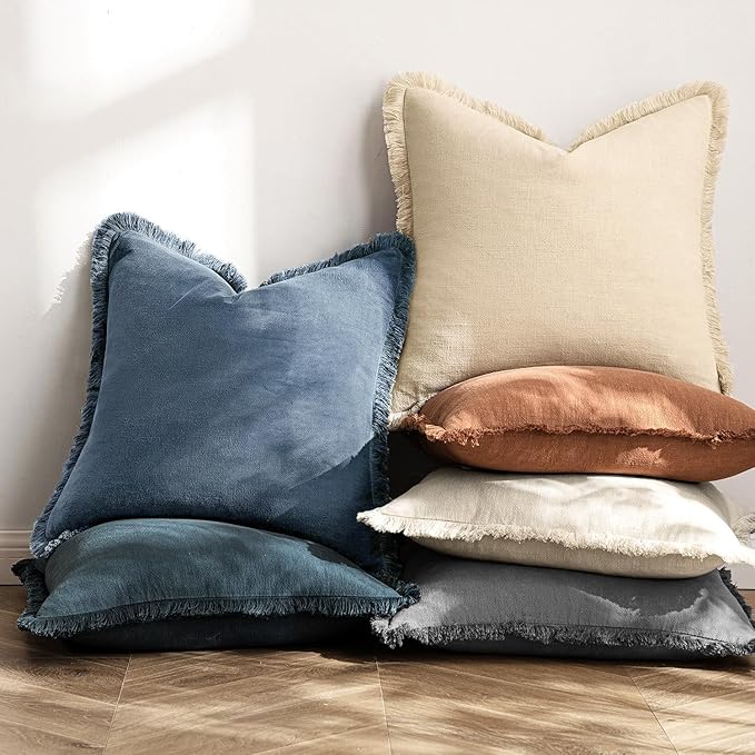MIULEE Decorative Throw Pillow Covers Neutral Linen Fringe Throw Pillows Set of 2 Blue Ashes Boho Farmhouse Cushion Covers with Tassels for Couch Sofa Bed Home Spring Decor 16x16 Inch