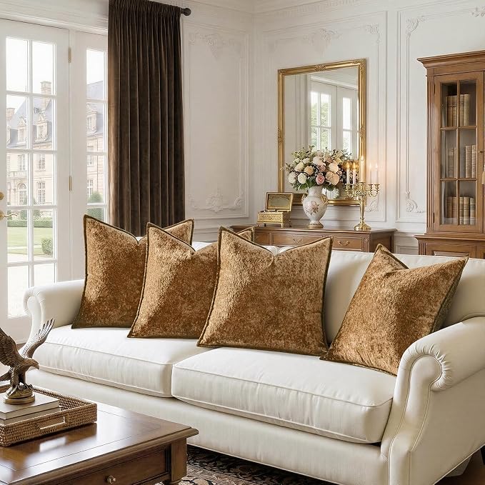 a moment Throw Pillow Covers 20X20 Inch 4 Packs,Soft Velvet Decorative Pillow Cases with 3D Ice Flower,Texture Modern Accent Cushion Covers for Sofa Couch Home Decor Golden Brown