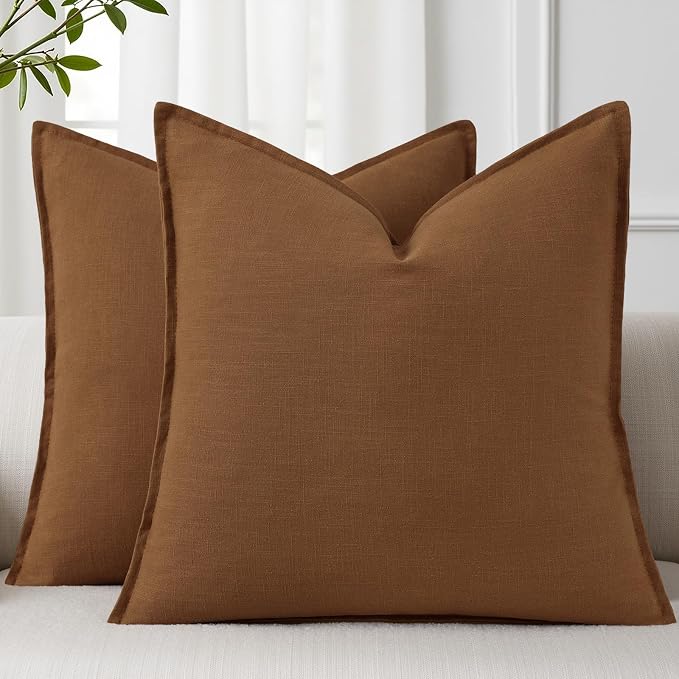 decorUhome Fall Brick Linen Throw Pillow Covers 16x16 Set of 2 | Decorative Soft Cozy Modern Farmhouse Boho Accent Pillow Cases with Flange Edges for Couch Bed Sofa Living Room Home Decor