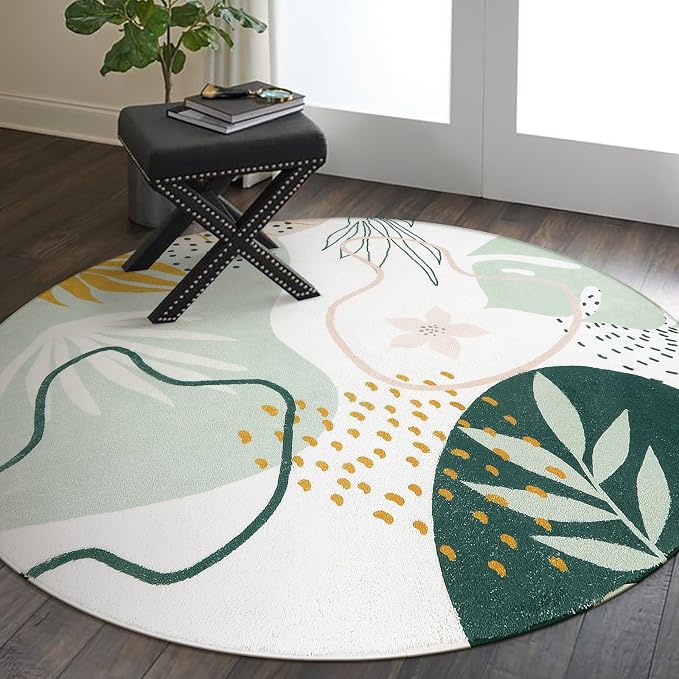 Lahome Boho Round Area Rug - 3Ft Washable Bathroom Rug Non-Slip Small Circle Rug for Bedroom Throw Soft Cute Kids Nursery Rug, Green Botanical Print Carpet for Entryway Sofa Living Room