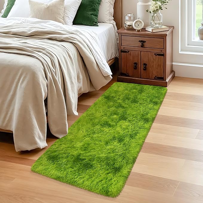 2x5 Feet Tie-Dye Green Shag Fluffy Rug for Bedroom, Soft Fuzzy Plush Carpet Runner for Bedroom, Cute Grass Green Runner for Kids Girls Room, Baby Nursery, Teen Dorm, Home Decor Aesthetic