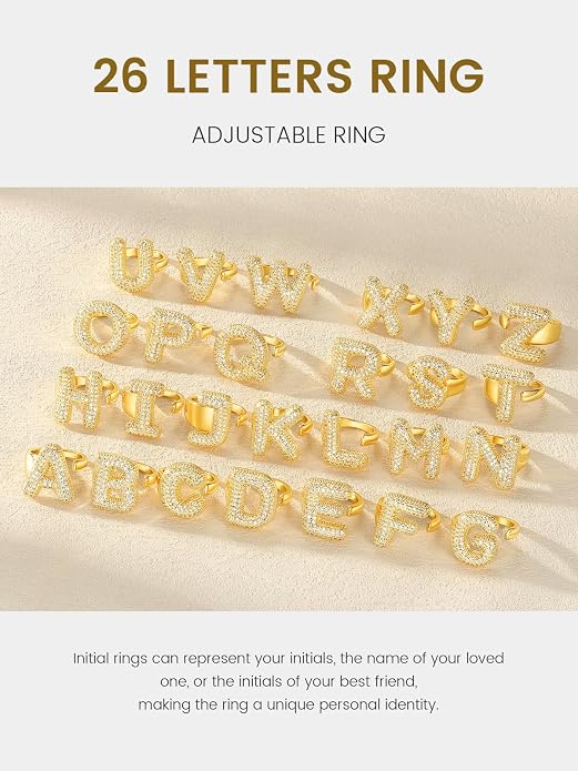 KeyStyle Bold Initial Letter Rings Adjustable, GoldChic Jewelry Women Gold Statement Ring Personalized Engraved Women’s Open Signet Ring for Party (Gold, White Gold, Black)