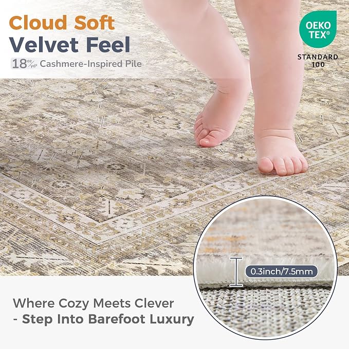 OPPODREAM Vintage Beige Area Rugs 5x7, 5 x 7 Retro Washable Rug Non Slip, Low-Pile Faux Wool Carpet, Distressed Tan Floor Mat for Living Room, Bedroom, Kitchen, Office, Dorm, Dinning Room