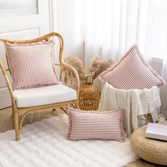 YEENAASY Throw Pillow Covers 12x20 Set of 2 Striped Fringe Pillow Cover Farmhouse Cushion Covers with Tassel Neutral Boho Pillows Decorative Square Pillowcase for Couch Sofa Bed, Red