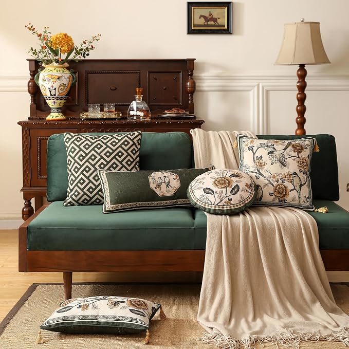ISAENNE Vintage Elegant Linen Rectangle Throw Pillow Cover,28"x12"-Murad E | Designer French Green Pillow Cover,Concealed Zipper Design,Floral and Bird Pattern,Sofa,Bedroom,Living Room,Lounge Chairs