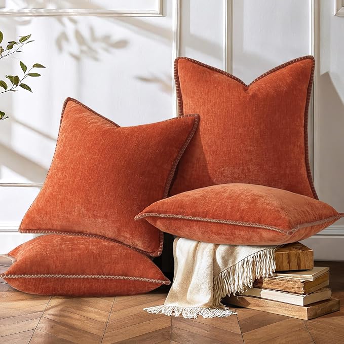 decorUhome Fall Soft Decorative Chenille Throw Pillow Covers 20x20 Set of 4 | Burnt Orange Decorative Modern Farmhouse Neutral Pillow Cases with Stitched Edge for Couch Sofa Bed Living Room Home Decor