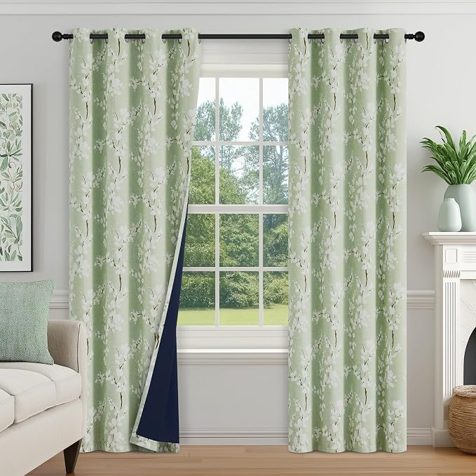 FMFUNCTEX 100% Blackout Green Floral Curtains 72 Inch Grommet 2 Panels | Black Out Drapes, Thermal Insulated Cottage Farmhouse, Blossom Flower Patterned Curtain for Bedroom, Living Room Darkening