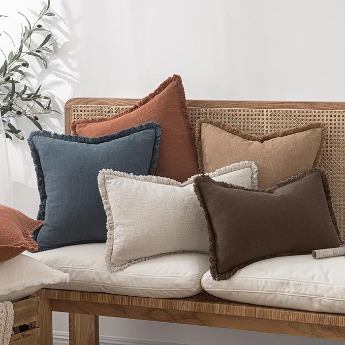 MIULEE Decorative Throw Pillow Covers Neutral Linen Fringe Throw Pillows Set of 2 Reddish Brown Boho Farmhouse Cushion Covers with Tassels for Couch Sofa Bed Living Room Fall Decor 18x18 Inch