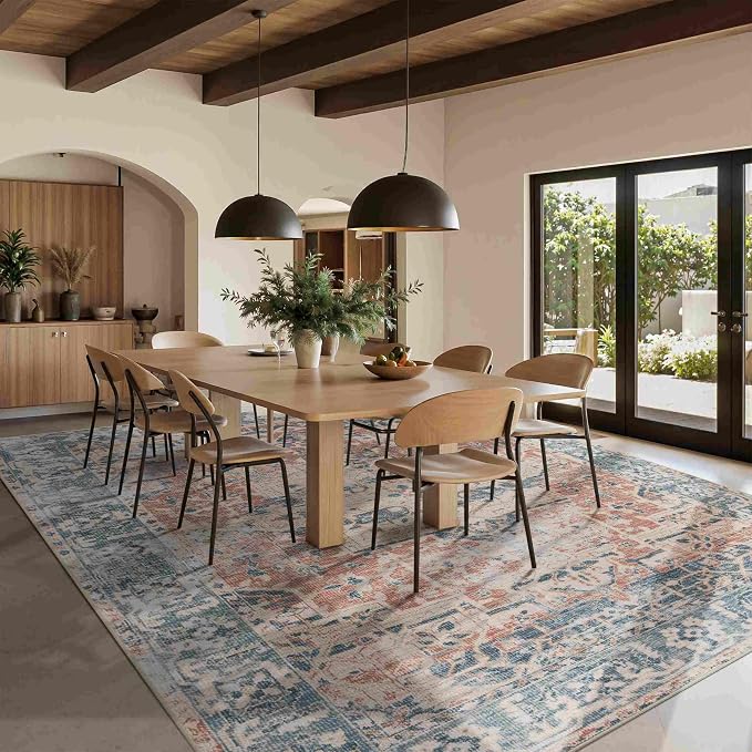 Rugxara 9x12 Area Rugs for Living Room Large Washable Rug, Coral Blue | Non Slip, Rug for Bedroom Dining Room Office, Stain Resistant, Soft, Low Pile, Vintage Boho Retro Carpet, Home Decor