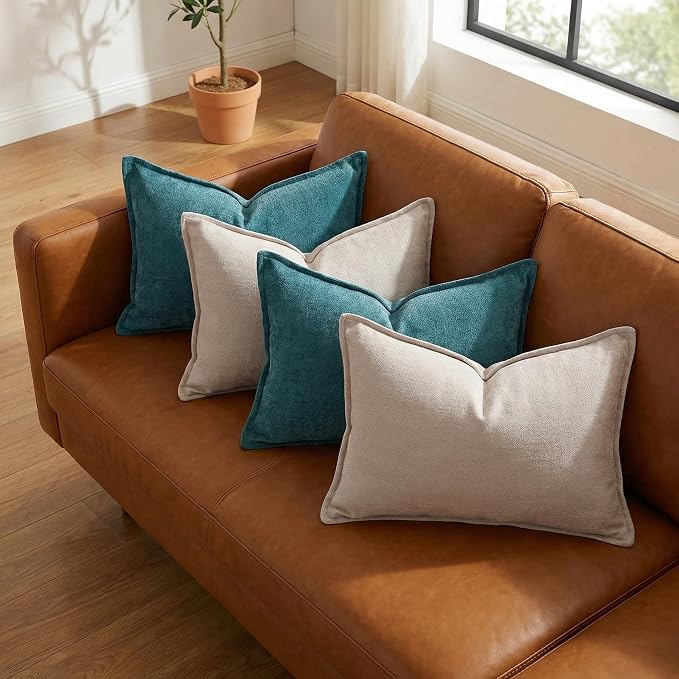 20x20 Inches Throw Pillow Covers Set of 4 Soft Textured Chenille Decorative Cushion Cases for Couch Sofa Bed Modern Farmhouse Neutral Accent Covers with Hidden Zipper Beige Green