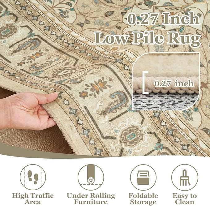 Boho Neutral 6x9 Area Rug, Non Slip Washable Rugs for Living Room Bedroom Low Pile Thin, Floral Moroccan Pattern Printed Carpet Rug for Dining Room Home Office Nursery Playroom, Warm Beige