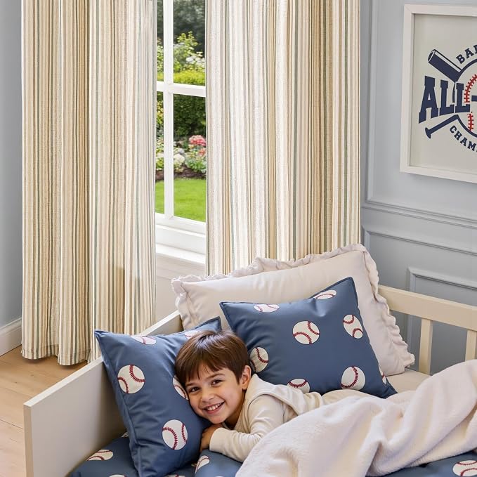 Vangao Linen Stripe Nursery Curtains for Kids Tickingstripe Light Filtering Window Curtains Colorful Pinstripe Printed Drapes 96 Inches Long for Living Room Boys Bedroom Colorful Green 2 Panels