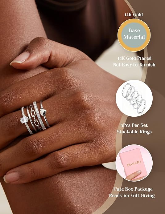 FIASASO Gold Rings for Women Non Tarnish - 5Pcs Dainty Stackable Rings 14K Gold Plated Cubic Zirconia Stacking Rings Non Tarnish Waterproof Minimalist Thin Stack Ring Size 5 6 7 8 9 10