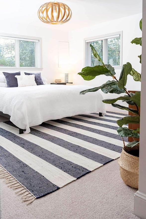 Unique Loom Chindi Rag Collection Area Rug - Striped (12' 2" x 16' 1" Rectangle, Navy Blue/ Ivory)