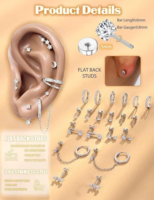 Florideco 14K Gold Plated Earrings for Women Hypoallergenic 20G Surgical Stainless Steel Flat Back Stud Earrings Dainty Stackable Earring Stacks Small Cartilage Earring Sets for Multiple Piercing