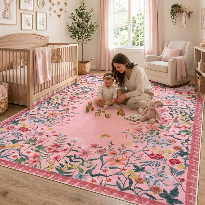 Wonnitar 8x10 Washable Area Rug, Pink Floral Rug for Girls Bedroom, Boho Botanical Large Carpet for Living Room, Non Slip Cute Nursery Rug, Farmhouse Kids Playroom Decor (8x10 Pink)