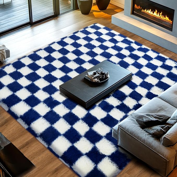 8x10 Fluffy Living Room Rug: Navy Blue and White Checkered Rugs for Living Room- 8x10 Large Fluffy Rug for Bedroom- Soft Plush Shag Carpets for Boys Girls Teen Room, Home Decor (Navy Blue/White)