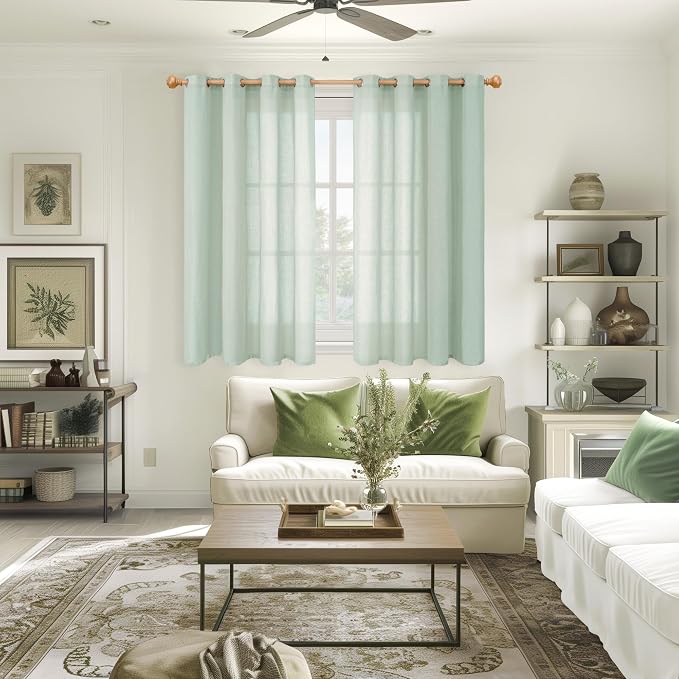 YoungsTex Light Green Linen Semi Sheer Curtains 45 Inch Length, Short Drapes Lightweight with Grommet Light Filtering for Living Room Window, 2 Panels, 52 X 45 Inch