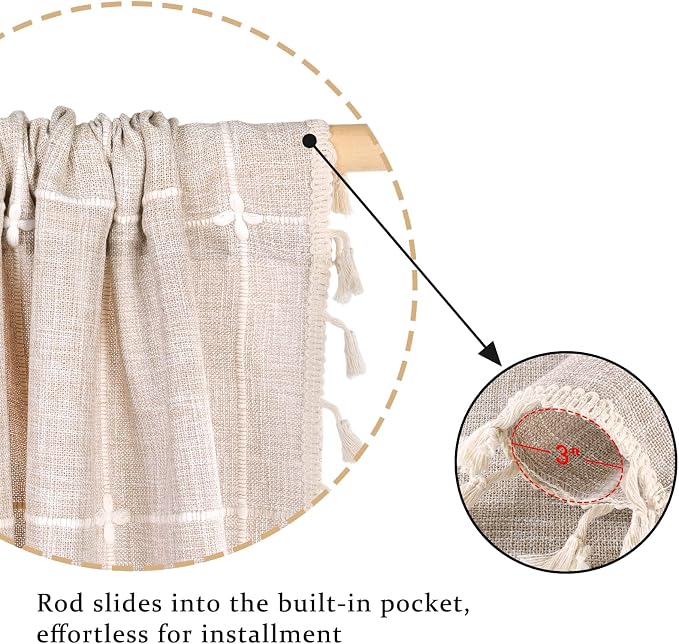 ColorBird Farmhouse Semi-Blackout Window Curtains 2 Panels Embroidery Lattice Cotton Linen Darkening Curtains with Tassel Rod Pocket Window Drapes for Dining Living Bedroom (52" W x 84" L, Linen)