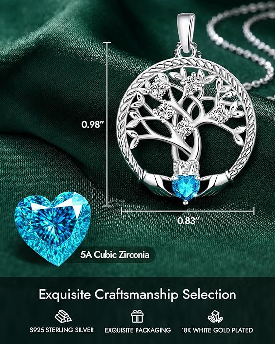 Birthstone Tree of Life Necklace for Women, 925 Sterling Silver Family Tree Pendant, Dainty Jewelry Birthday Mother's Day Valentine's Day Gifts for Her Mom Wife, 18"+2" Adjustable