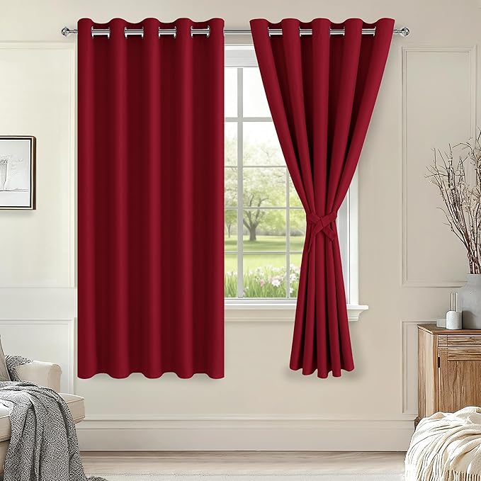 Hiasan Grommet Blackout Curtains for Bedroom, 60 x 72 Inches - Thermal Insulated & Light Blocking Window Drapes for Living Room/Dorm Room, Set of 2 Panels Sewn with Tiebacks, Christmas Red