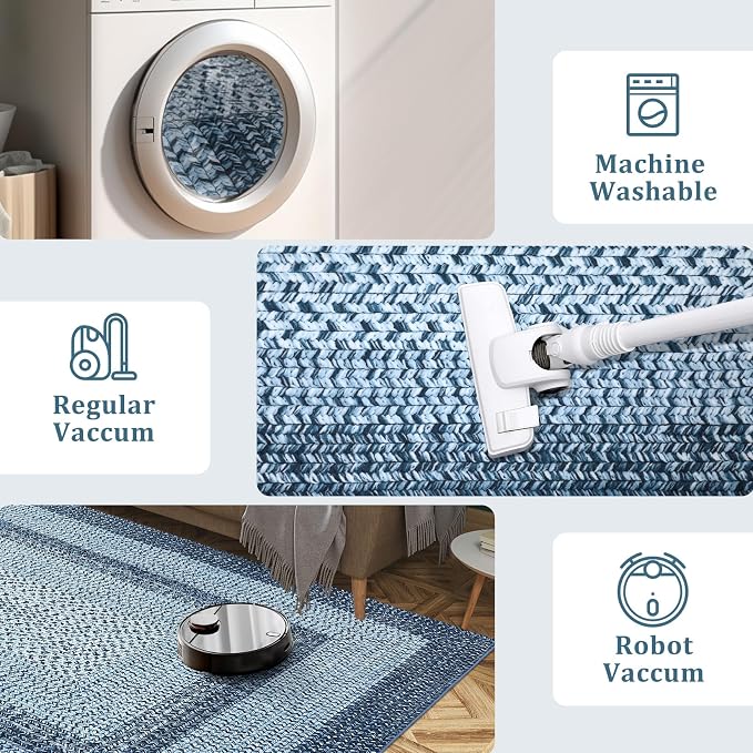 RUGSREAL Runner Rug 2x8 Machine Washable Hallway Runner Rug Entryway Long Runner Carpet Braided Printed Throw Mat Non Slip Kitchen Mat Living Room Rustic Carpet for Bedroom Dining Room, Blue