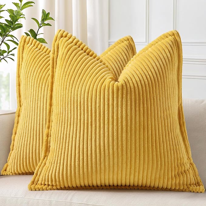 decorUhome Fall Corduroy Mustard Yellow Throw Pillow Covers 18x18 Set of 2 | Couch Decorative Soft Modern Boho Farmhouse Pillow Covers Broadside Striped Pillow Cases for Living Room Bed Sofa