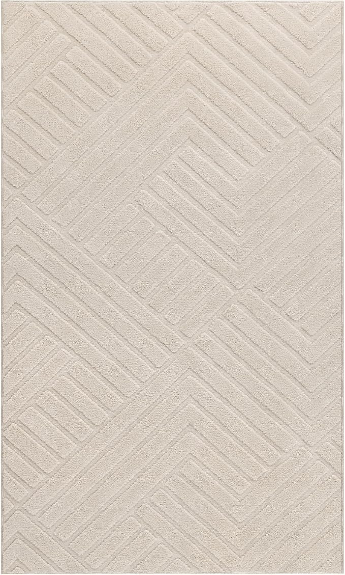 Bsmathom 3x5 Washable Area Rug, Boho Neutral Modern Soft Carpet Mat, Beige | Machine Washable, Low Pile Fluffy Plush, Non-slip, Geometric Textured, For Living Dining Kids Room Bedroom Indoor Dorm