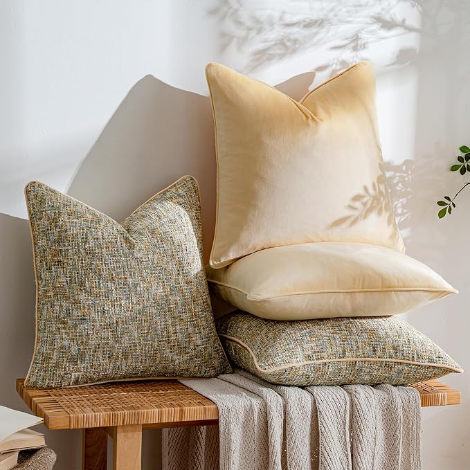 a moment Yellow 4 Pack Throw Pillow Covers - Chenille & Velvet Set with Piping, Farmhouse Textured Design Pillow Cases for Couch Sofa Bed Livingroom (18x18 Inch, No Insert)