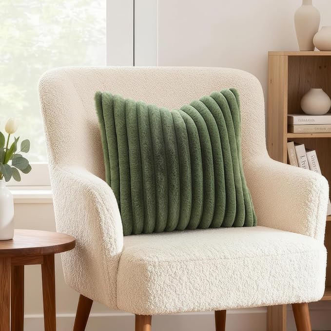decorUhome Fall Faux Fur Throw Pillow Covers 16x16 Set of 2 Olive Green | Decorative Soft Cozy Striped Plush Modern Farmhouse Boho Couch Pillow Cases Velvet Back for Sofa Bed Living Room Home Decor