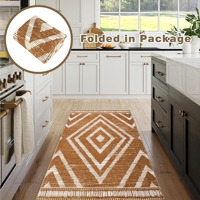 Moroccan Washable Area Rugs 3x5ft Non Slip, Low Pile Entryway Rug, Brown Boho Bedroom Carpets, Non Shedding Soft Floor Carpet for Dining Room Bathroom Kitchen Study Office