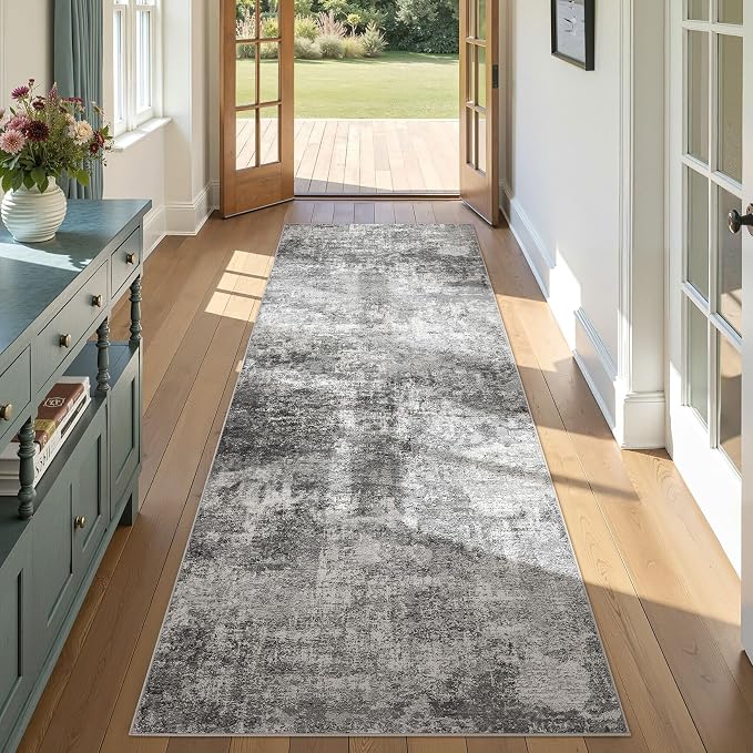 DMOYEST 3x8 Washable Runner Rug, Non Slip Low Pile Carpet Runner for Hallway and Entryway, Kid & Pet Friendly Abstract Modern Area Rug for Kitchen and Dining Room - Grey