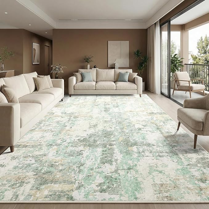GarveeHome 9x12 Abstract Area Rug Neutral Washable Living Room Bedroom Rug | Soft Low Pile Non Slip Accent Rug for Living Room, Dining Room, Modern Neutral Beige Indoor Carpet