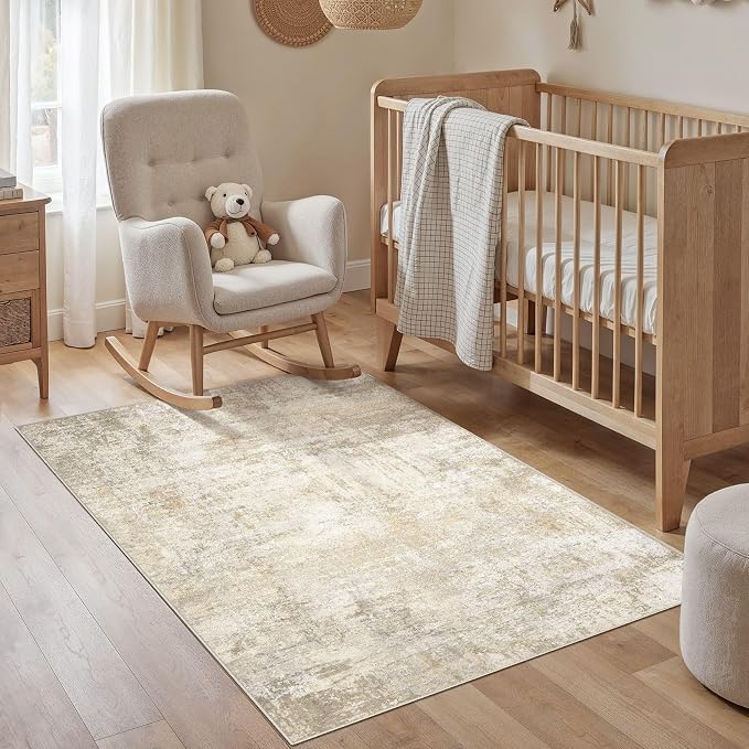 cotiled 3x5 Washable Rug Abstract Soft Non Slip Entryway Rugs | Stain Resistant, Robot Vacuum & Pet Friendly, Low-pile, For Living Room, Bedroom, Dining Table, Nursery Beige