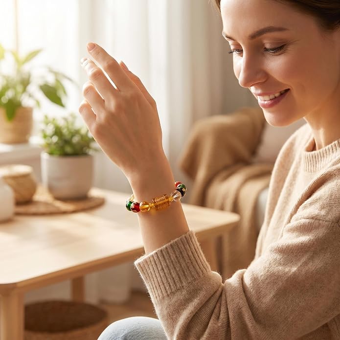 LINGYUAN Feng Shui Wealth and Luck Bracelet with Gold Foil Five Gods Amulet-Red Agate Cinnabar Gemstone Bracelet for Prosperity, Protection & Success, Lucky Charm Gift for Men & Women