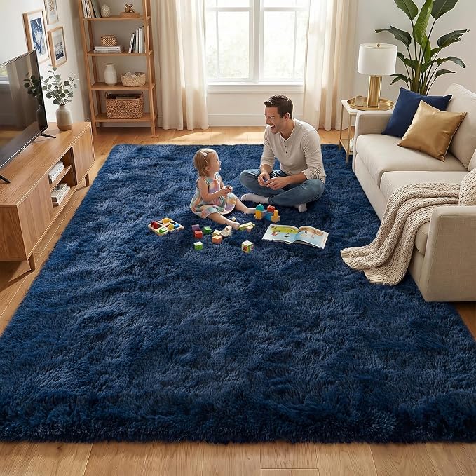 Fluffy Rugs for Living Room: Navy Blue Soft Shag Rug for Bedroom, Large Fuzzy Plush Indoor Carpet Non Slip Modern Rug for Nursery Kids Room Dorms Office Home Decor, 7x10 Feet