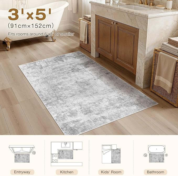 cotiled 3x5 Washable Rug Abstract Soft Non Slip Entryway Rugs | Stain Resistant, Robot Vacuum & Pet Friendly, Low-pile, For Living Room, Bedroom, Dining Table, Nursery Grey