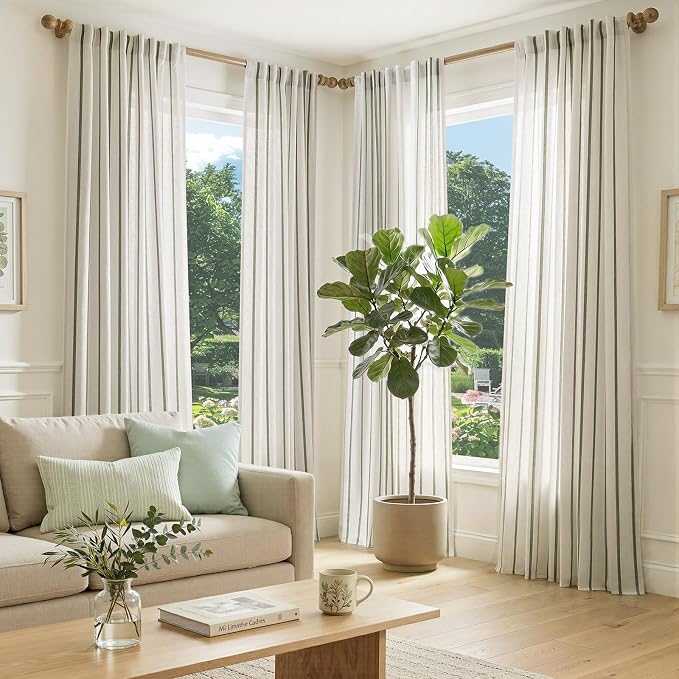 Vangao Striped Curtains Green on White Semi Sheer Curtains 84 Inches Long for Living Room Bedroom Modern Farmhouse Linen Textured Light Filtering Drapes 2 Panels Olive Green W50 x L84 Inch
