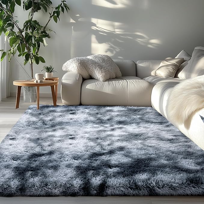 Fluffy Area Rug for Living Room: 6x9 Shag Rugs for Living Room- 6x9 Feet Fluffy Rugs for Bedroom- Shag Gray Area Rugs Soft Fuzzy Carpets for Bedroom, Nursery (Tie-Dyed Dark Grey,6x9)