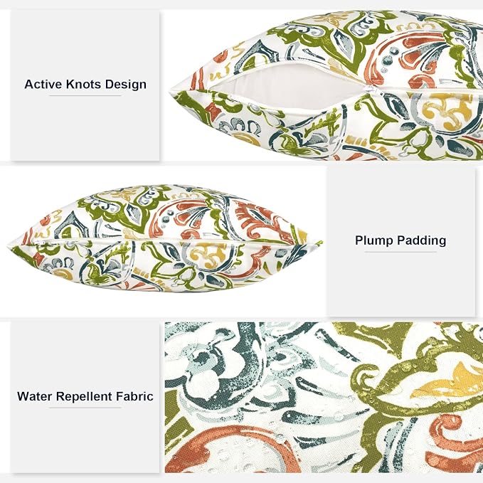 Outdoor 20x20 Inch Throw Pillows with Inners, Square Pillows Decorative Set of 2 for Home Garden Furniture, Paisley Botanical