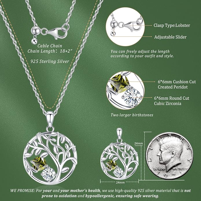 Tree of Life Birthstone Necklace for Women 925 Sterling Silver Birthstone Pendant 12 Months Necklaces with Zircon Birthday Gifts for Women, Mom, Grandma Cable Chain 18"+2"