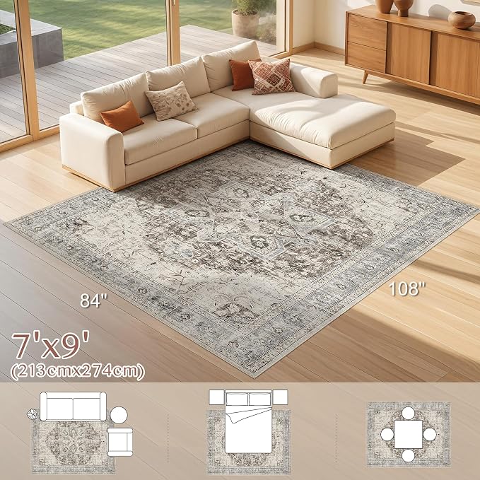 Tortania Area Rug Living Room Rugs - 7x9 Washable Boho Rug Vintage Oriental Distressed Farmhouse Large Thin Indoor Carpet for Living Room Bedroom Under Dining Table Home Office - Brown Blue