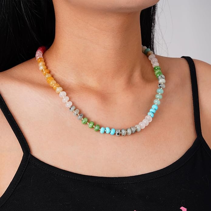 LALAPPLE Colorful Beaded Gemstone Necklace for Women, Boho Rainbow Bead Choker with Natural Stone Crystal Beads, Handmade Summer Beach Necklace Jewelry