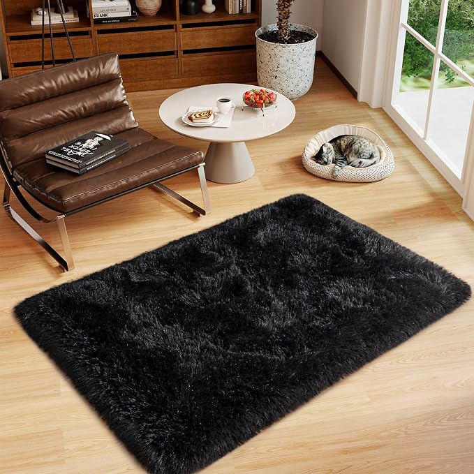 Dssimo Black Rug for Bedroom, 2x4 Small Area Rugs, | Soft Fluffy Shag Bedside Rug Non-Slip Carpet for Kids,Girls Boys and Teens Decorations for Living Room Dorm Nursery Classroom