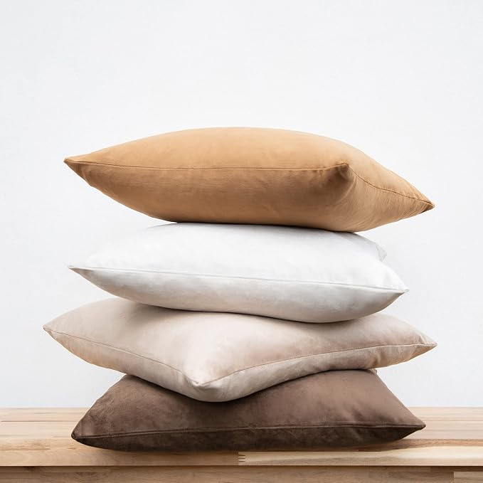 MONDAY MOOSE Decorative Throw Pillow Covers Cushion Cases, Set of 4 Soft Velvet Modern Designs, Mix and Match for Home Decor, Pillow Inserts Not Included (16x16 inch, Brown/Beige)