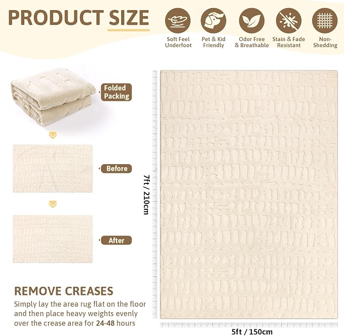 Yamaziot 5x7 Washable Area Rug, High-Low Grid Textured Living Room Rugs, Soft Fluffy Non-Slip Mats Stain Resistant Contemporary Boho Carpet for Dining Room, Kids Nursery Room, Bedroom, Office